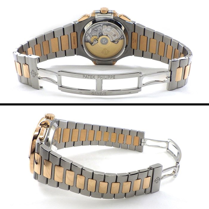 パテック・フィリップ Patek Philippe 腕時計 ノーチラス 5980/1AR-001 生産終了モデル デイト クロノグラフ 裏スケ ストライプ ブルー文字盤 K18PG SS 自動巻き 【箱・保付き】 【中古】