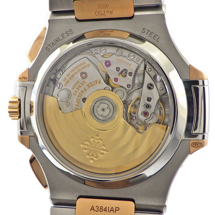 パテック・フィリップ Patek Philippe 腕時計 ノーチラス 5980/1AR-001 生産終了モデル デイト クロノグラフ 裏スケ ストライプ ブルー文字盤 K18PG SS 自動巻き 【箱・保付き】 【中古】