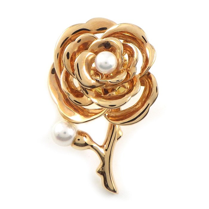 ミキモト MIKIMOTO ピンブローチ 薔薇 ローズ モチーフ パール 3.5-4.5mm珠 K18PG 【中古】
