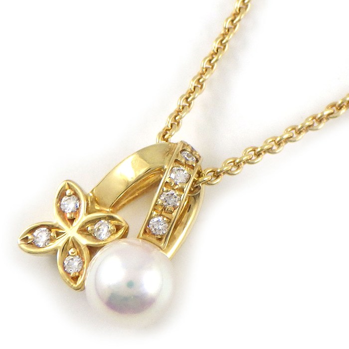 ミキモト MIKIMOTO ネックレス フラワーモチーフ パール 5.5mm珠 ダイヤモンド K18YG 【中古】