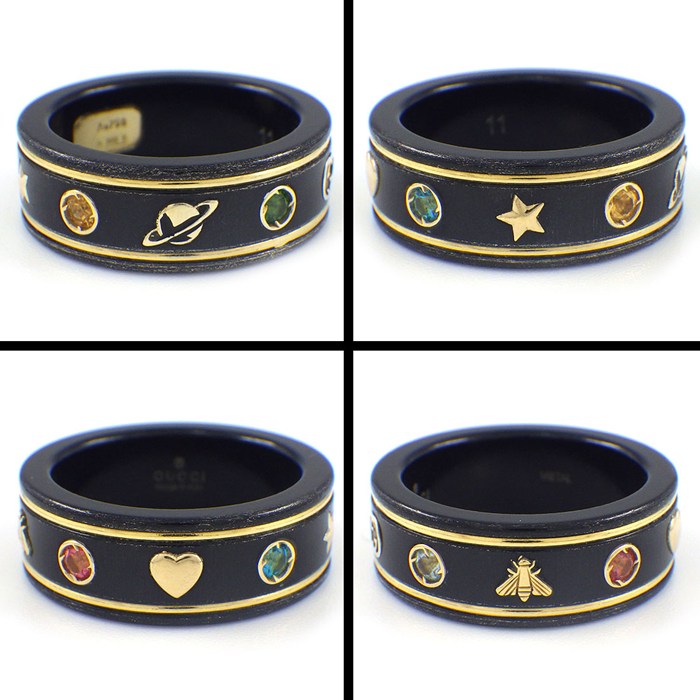 グッチ GUCCI リング アイコン マルチカラーストーン 527095 J8F77 8522 オンライン限定 プラネット ハチ スター インターロッキングG マルチカラー トパーズ ブラック シンセティック コランダム K18YG 10号 / #11 【中古】