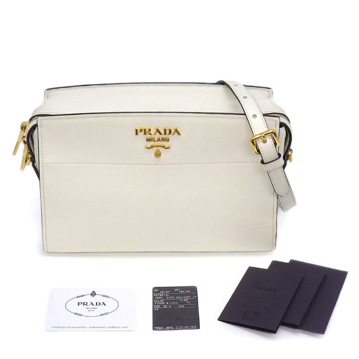プラダ PRADA ショルダーバッグ バンドリエラ スクエア クロスボディバッグ 1BH104 ホワイト サフィアーノレザー ゴールド金具 【中古】