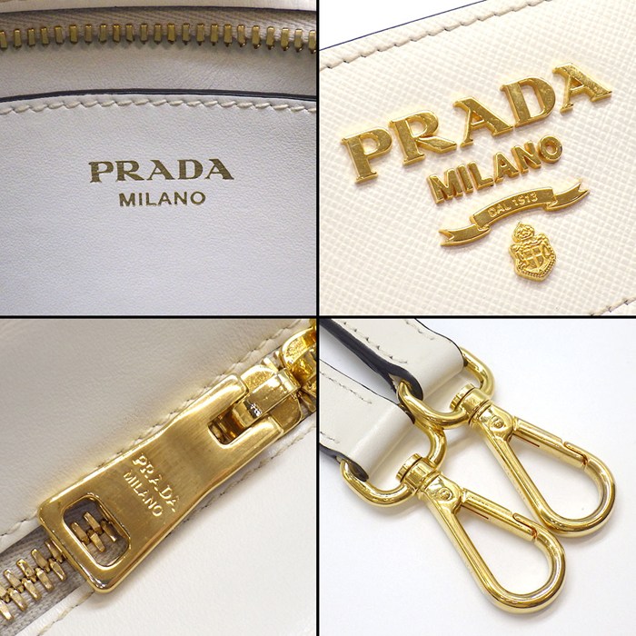 プラダ PRADA ショルダーバッグ バンドリエラ スクエア クロスボディバッグ 1BH104 ホワイト サフィアーノレザー ゴールド金具 【中古】