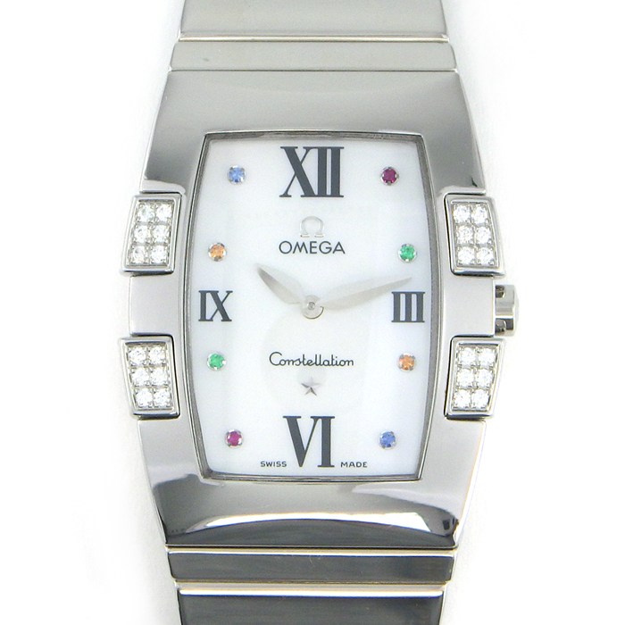 オメガ OMEGA 腕時計 コンステレーション クアドレラ 1586.79 マルチカラーストーンインデックス ダイヤベゼル ホワイトシェル文字盤 SS クオーツアナログ 【中古】