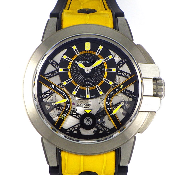 【ハリーウィンストン HARRY WINSTON】腕時計 オーシャン ザリウム バリエーション イエロー OCEABI42ZZ002 世界100本限定 デイト カレンダー スモールセコンド 裏スケ スケルトン文字盤 SS ブラック ラバー アリゲーター レザー ベルト 革 自動巻き 【箱・保付き】