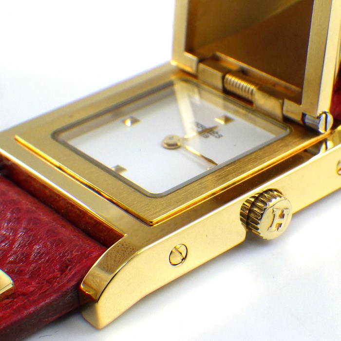 エルメス HERMES 腕時計 メドール ME1.201 スタッズ 蓋付き スクエア ホワイト文字盤 白 GP SS レッド レザーベルト クオーツアナログ 【中古】