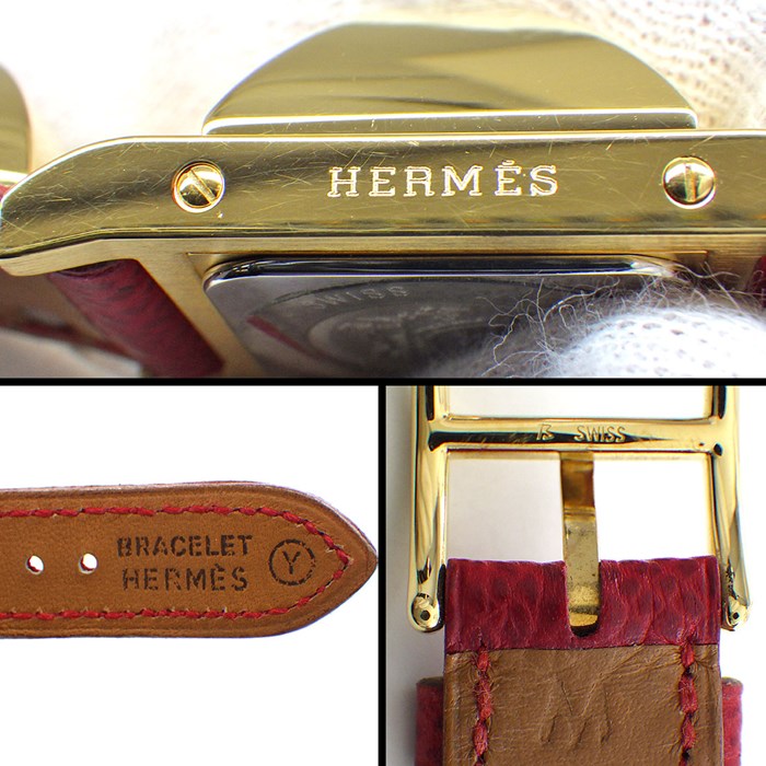 エルメス HERMES 腕時計 メドール ME1.201 スタッズ 蓋付き スクエア ホワイト文字盤 白 GP SS レッド レザーベルト クオーツアナログ 【中古】