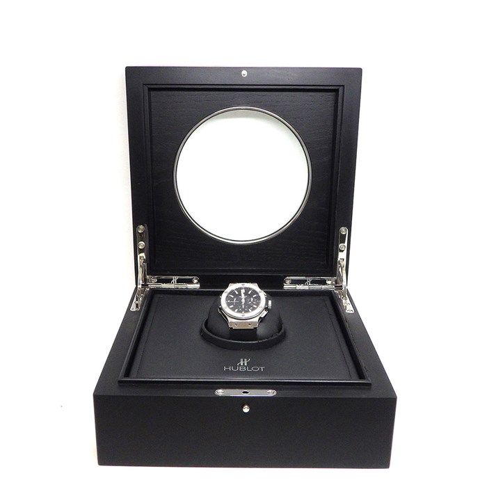 ウブロ Hublot 腕時計 ビッグ・バン スチール 301.SX.1170.RX.1104 カレンダー クロノグラフ スモールセコンド 裏スケ パヴェ ダイヤモンドベゼル ブラック文字盤 黒 サテン仕上げ SS ラバーベルト 自動巻き 【箱・保付き】 【中古】