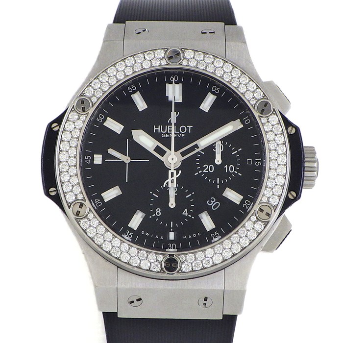ウブロ Hublot 腕時計 ビッグ・バン スチール 301.SX.1170.RX.1104 カレンダー クロノグラフ スモールセコンド 裏スケ パヴェ ダイヤモンドベゼル ブラック文字盤 黒 サテン仕上げ SS ラバーベルト 自動巻き 【箱・保付き】 【中古】