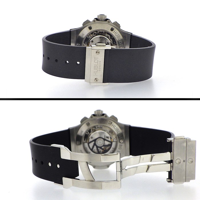 ウブロ Hublot 腕時計 ビッグ・バン スチール 301.SX.1170.RX.1104 カレンダー クロノグラフ スモールセコンド 裏スケ パヴェ ダイヤモンドベゼル ブラック文字盤 黒 サテン仕上げ SS ラバーベルト 自動巻き 【箱・保付き】 【中古】