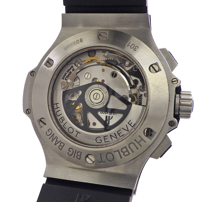 ウブロ Hublot 腕時計 ビッグ・バン スチール 301.SX.1170.RX.1104 カレンダー クロノグラフ スモールセコンド 裏スケ パヴェ ダイヤモンドベゼル ブラック文字盤 黒 サテン仕上げ SS ラバーベルト 自動巻き 【箱・保付き】 【中古】