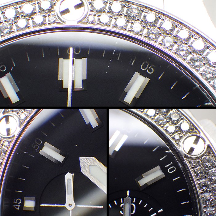 ウブロ Hublot 腕時計 ビッグ・バン スチール 301.SX.1170.RX.1104 カレンダー クロノグラフ スモールセコンド 裏スケ パヴェ ダイヤモンドベゼル ブラック文字盤 黒 サテン仕上げ SS ラバーベルト 自動巻き 【箱・保付き】 【中古】