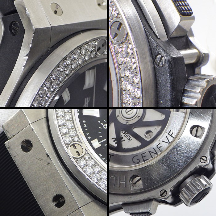 ウブロ Hublot 腕時計 ビッグ・バン スチール 301.SX.1170.RX.1104 カレンダー クロノグラフ スモールセコンド 裏スケ パヴェ ダイヤモンドベゼル ブラック文字盤 黒 サテン仕上げ SS ラバーベルト 自動巻き 【箱・保付き】 【中古】