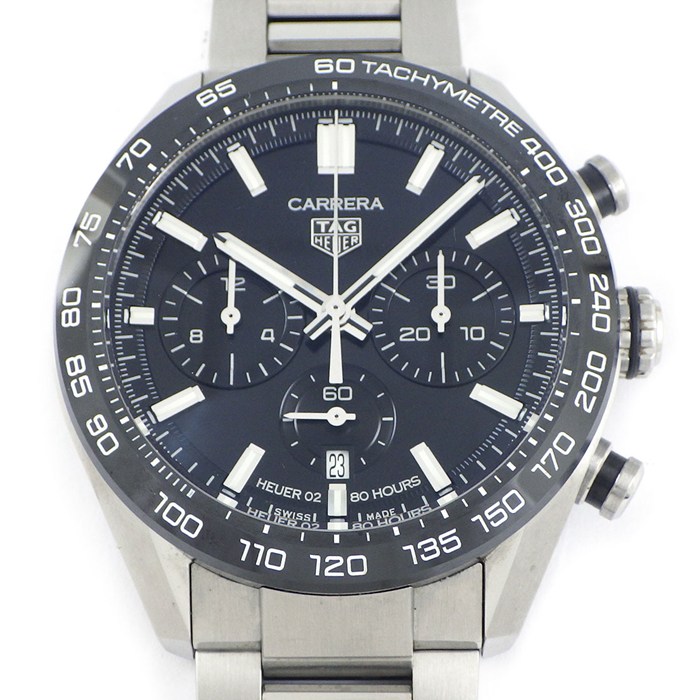 タグ・ホイヤー TAG Heuer 腕時計 カレラ キャリバーホイヤー02 スポーツクロノ CBN2A1B.BA0643 ブラック文字盤 デイト クロノグラフ 夜光針・インデックス スモールセコンド 裏スケ SS 自動巻き 【箱・保付き】 【中古】