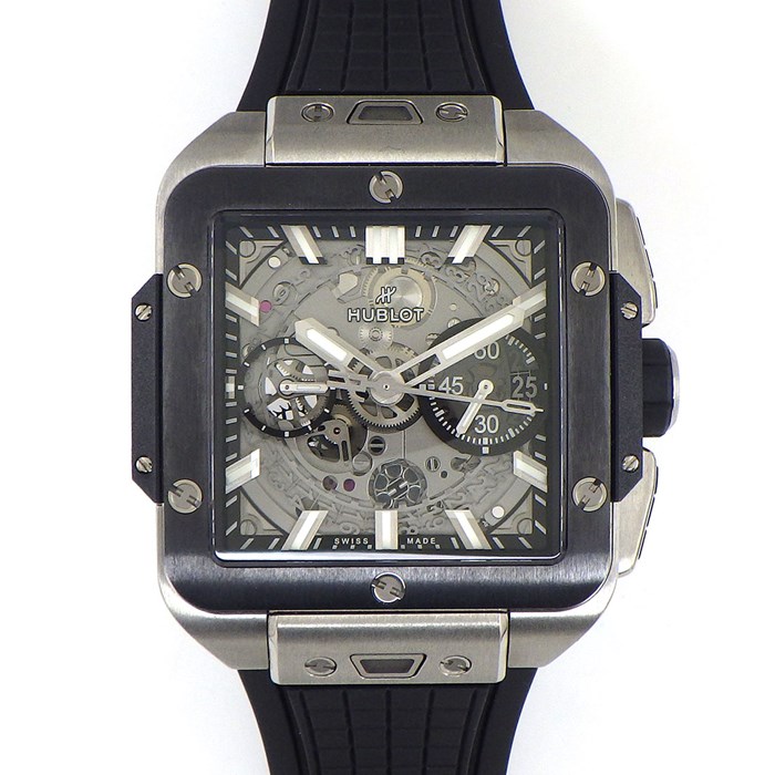 ウブロ Hublot 腕時計 スクエア・バン ウニコ 42mm 821.NM.0170.RX デイト クロノグラフ スモールセコンド 裏スケ スケルトン文字盤 チタン セラミック メッシュ ラバーベルト 自動巻き 【箱・保付き】 【中古】