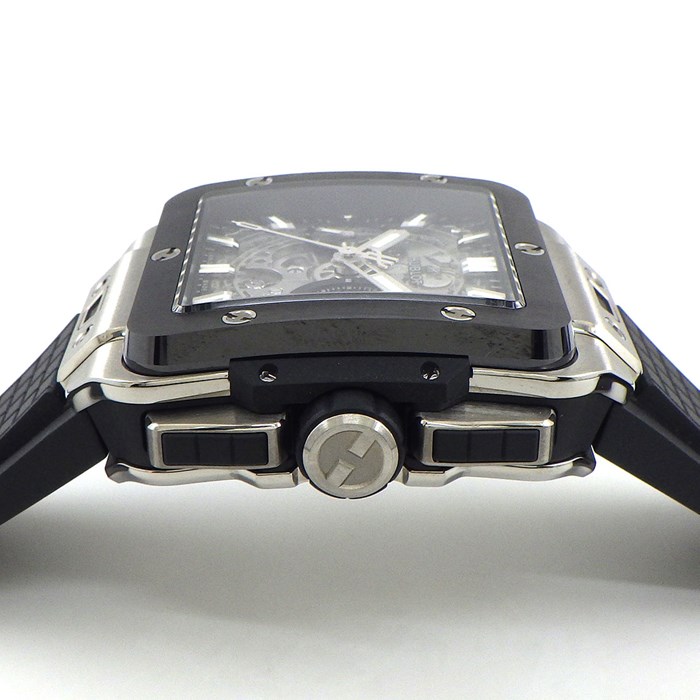 ウブロ Hublot 腕時計 スクエア・バン ウニコ 42mm 821.NM.0170.RX デイト クロノグラフ スモールセコンド 裏スケ スケルトン文字盤 チタン セラミック メッシュ ラバーベルト 自動巻き 【箱・保付き】 【中古】