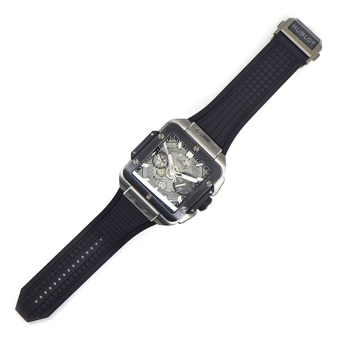ウブロ Hublot 腕時計 スクエア・バン ウニコ 42mm 821.NM.0170.RX デイト クロノグラフ スモールセコンド 裏スケ スケルトン文字盤 チタン セラミック メッシュ ラバーベルト 自動巻き 【箱・保付き】 【中古】