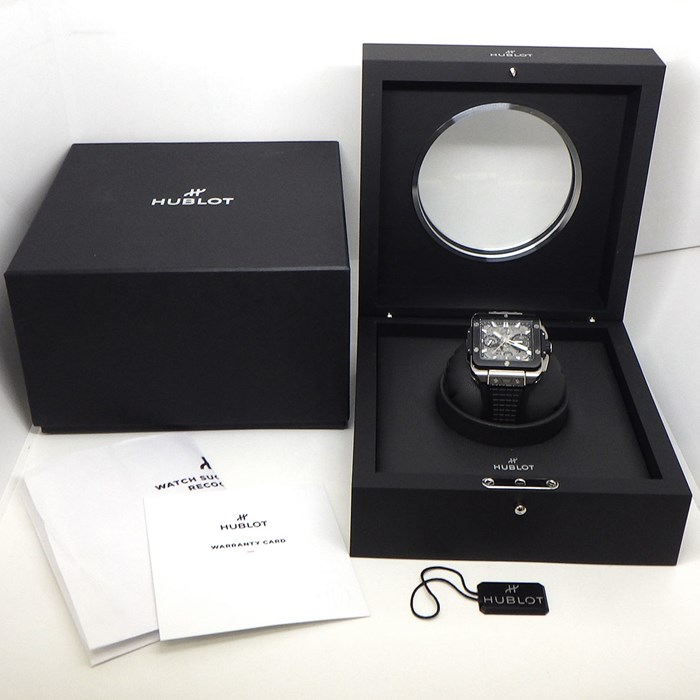 ウブロ Hublot 腕時計 スクエア・バン ウニコ 42mm 821.NM.0170.RX デイト クロノグラフ スモールセコンド 裏スケ スケルトン文字盤 チタン セラミック メッシュ ラバーベルト 自動巻き 【箱・保付き】 【中古】