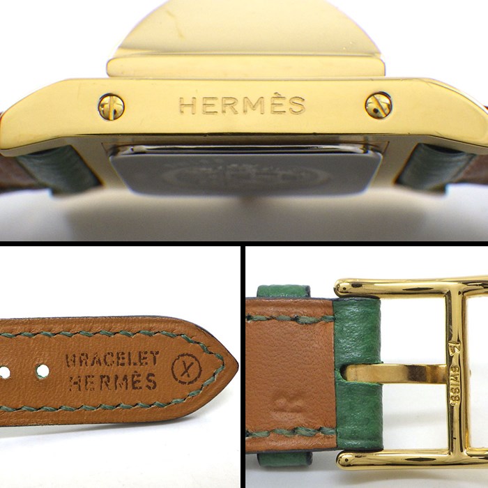 エルメス HERMES 腕時計 メドール ME1.201 スタッズ 蓋付き スクエア ホワイト文字盤 白 SS GP グリーン レザーベルト クオーツアナログ 【中古】 HERMES - エルメス HERMES 腕時計 メドール ME1.201 スタッズ 蓋付き