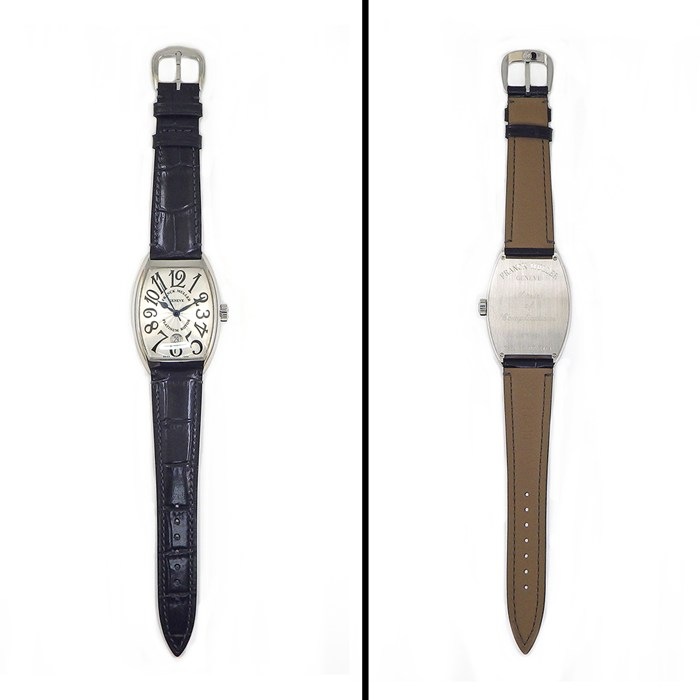 フランクミュラー FRANCK MULLER 腕時計 トノーカーベックス 7851SC DT EMA ギョーシェ シルバー文字盤 デイト SS 革 自動巻き