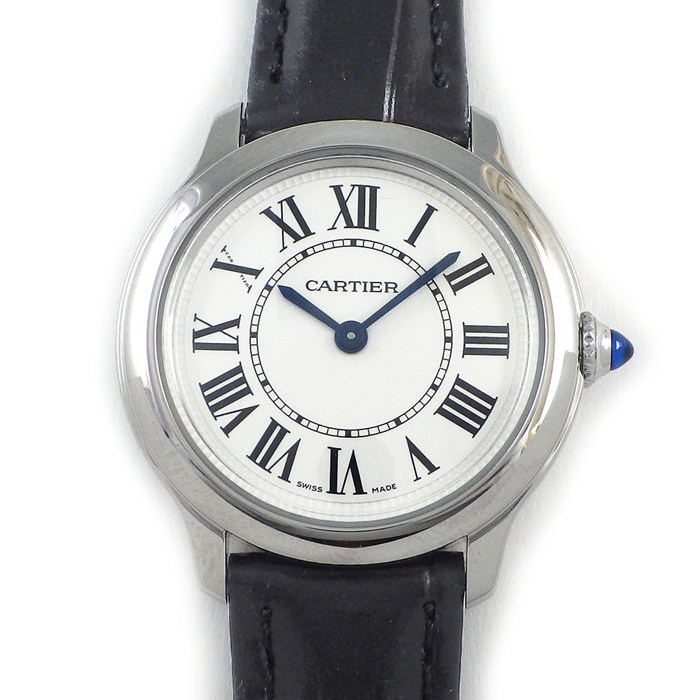 カルティエ Cartier 腕時計 ロンド マスト WSRN0030 シルバー文字盤 ローマンインデックス ブラック 牛革ベルト SS クオーツアナログ