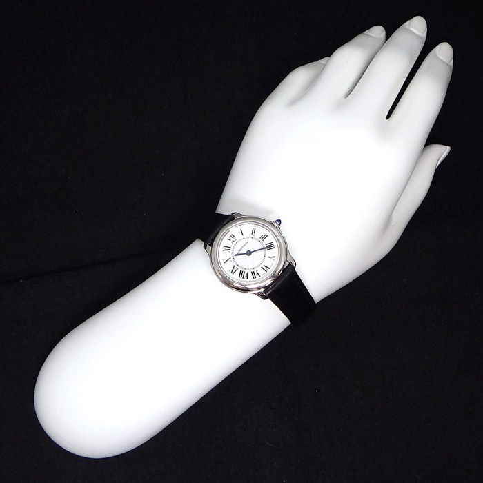 カルティエ Cartier 腕時計 ロンド マスト WSRN0030 シルバー文字盤 ローマンインデックス ブラック 牛革ベルト SS クオーツアナログ