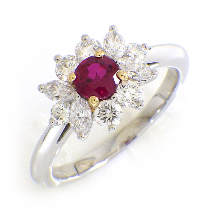ティファニー Tiffany & Co. リング 花 フラワーモチーフ 1ポイント ルビー 約 0.60 - 0.70ct 4ポイント マーキスカット ダイヤモンド 6ポイント ラウンドカット ダイヤモンド 計 約0.50ct PT950 K18YG 13号 【中古】
