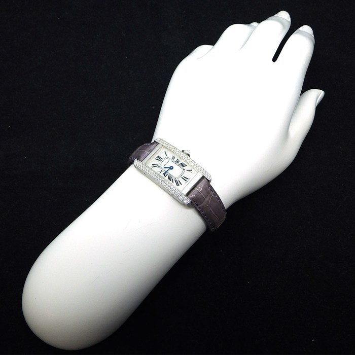 カルティエ Cartier 腕時計 タンク アメリカン SM WB701851 ダイヤベゼル/リュウズ レクタンギュラー ギョーシェ シルバー文字盤 K18WG パープル アリゲーター レザーベルト クオーツアナログ 【中古】