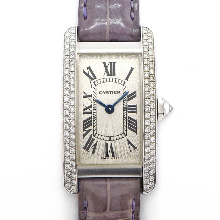 カルティエ Cartier 腕時計 タンク アメリカン SM WB701851 ダイヤベゼル/リュウズ レクタンギュラー ギョーシェ シルバー文字盤 K18WG パープル アリゲーター レザーベルト クオーツアナログ 【中古】