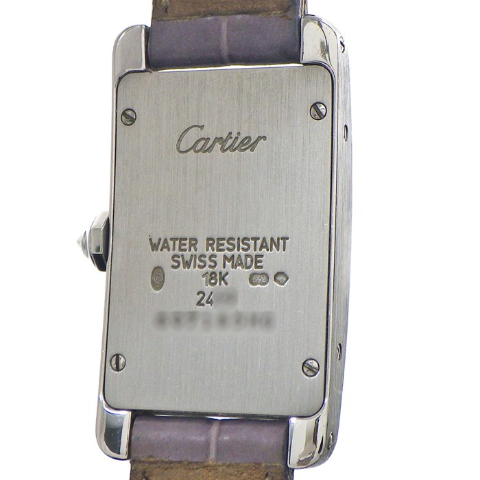カルティエ Cartier 腕時計 タンク アメリカン SM WB701851 ダイヤベゼル/リュウズ レクタンギュラー ギョーシェ シルバー文字盤 K18WG パープル アリゲーター レザーベルト クオーツアナログ 【中古】