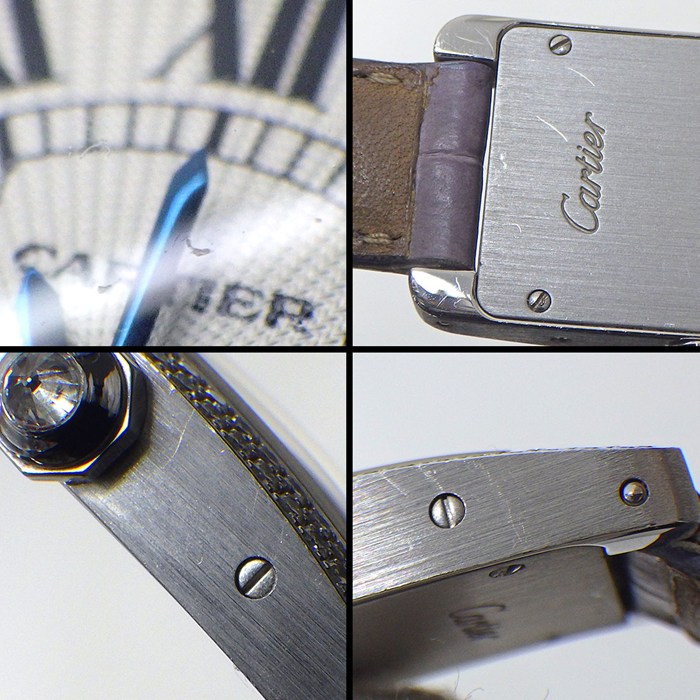 カルティエ Cartier 腕時計 タンク アメリカン SM WB701851 ダイヤベゼル/リュウズ レクタンギュラー ギョーシェ シルバー文字盤 K18WG パープル アリゲーター レザーベルト クオーツアナログ 【中古】