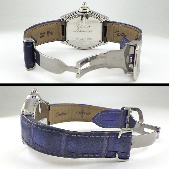 カルティエ Cartier 腕時計 ロードスター SM W6206007 2008年X'mas限定 トノー ブルーシェル文字盤 ローマンインデックス デイト 夜光針 アリゲーターレザーベルト SS クオーツアナログ 【中古】