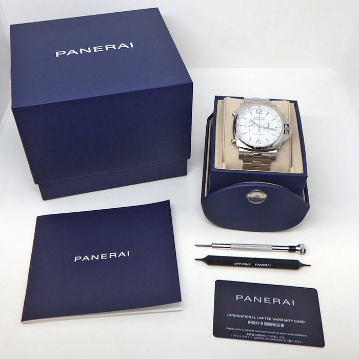 パネライ PANERAI 腕時計 ルミノール クロノ PAM01548 クロノグラフ タキメーター 夜光インデックス 夜光針 スモールセコンド ホワイト文字盤 SS 自動巻き 【箱・保付き】 【中古】