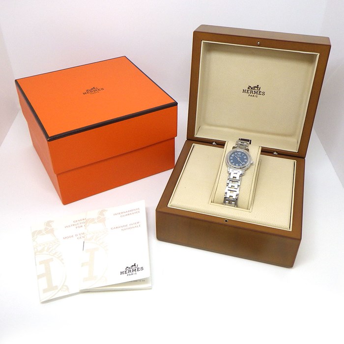 エルメス HERMES 腕時計 クリッパー CL4.210 ブルー文字盤 デイト SS クオーツアナログ 【箱・保付き】 【中古】