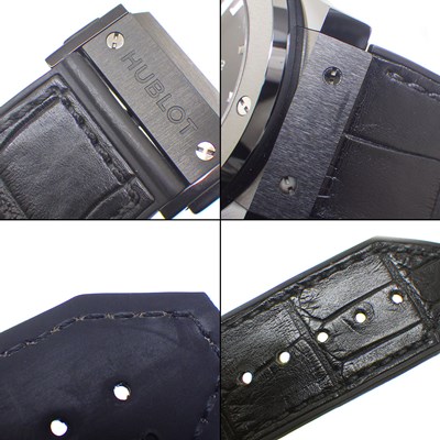 ウブロ Hublot 腕時計 クラシック フュージョン ブラックマジック 45mm 511.CM.1171.RX デイト 裏スケ ビス ブラック文字盤 黒 サテン仕上げ セラミック チタン SS アリゲーターレザー&ラバーベルト 自動巻き 【中古】