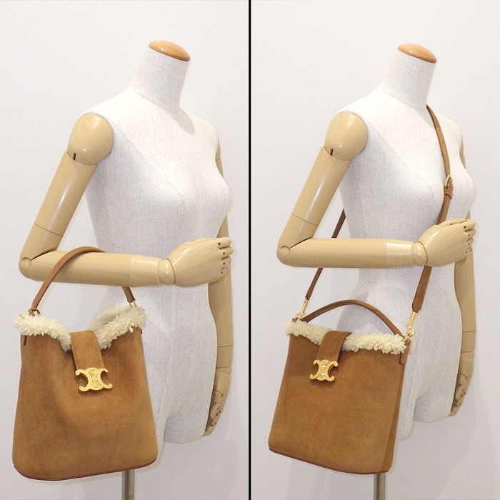 セリーヌ CELINE ハンドバッグ トリオンフ ミディアム バケット ルイーズ 116613 タバコ スウェードレザー クリーム シアリング 【中古】