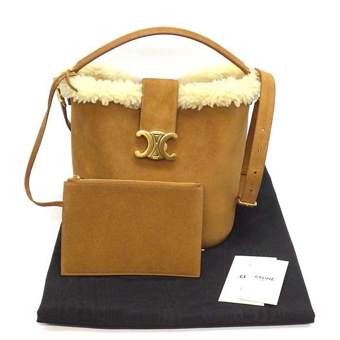 セリーヌ CELINE ハンドバッグ トリオンフ ミディアム バケット ルイーズ 116613 タバコ スウェードレザー クリーム シアリング 【中古】