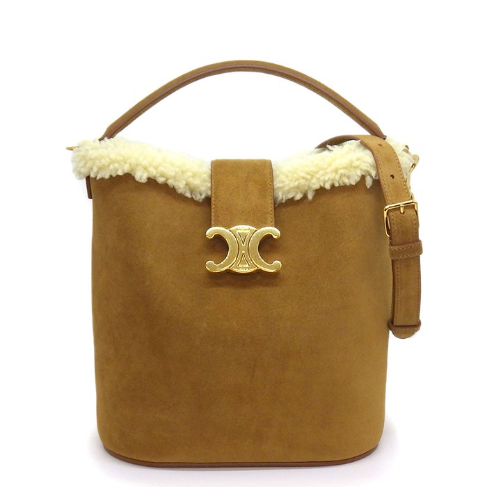 セリーヌ CELINE ハンドバッグ トリオンフ ミディアム バケット ルイーズ 116613 タバコ スウェードレザー クリーム シアリング 【中古】