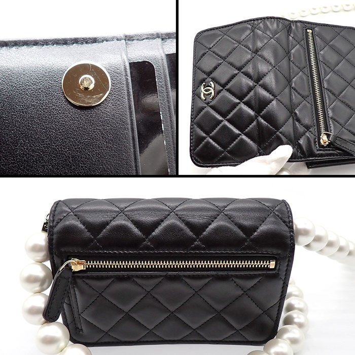 シャネル CHANEL ショルダーバッグ ショルダーウォレット ブラック ラムスキン イミテーションパール 【中古】