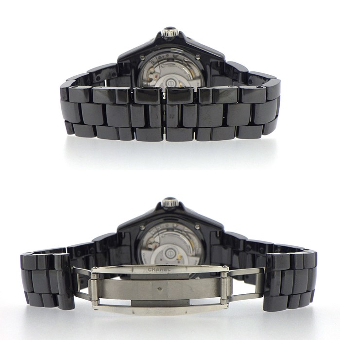 シャネル CHANEL 腕時計 J12 キャリバー12.1 H5702 デイト 回転ベゼル 12ポイント ダイヤモンド インデックス 0.09ct ブラックラッカー文字盤 SS ブラック セラミック 黒 自動巻き 【箱・保付き】 【中古】