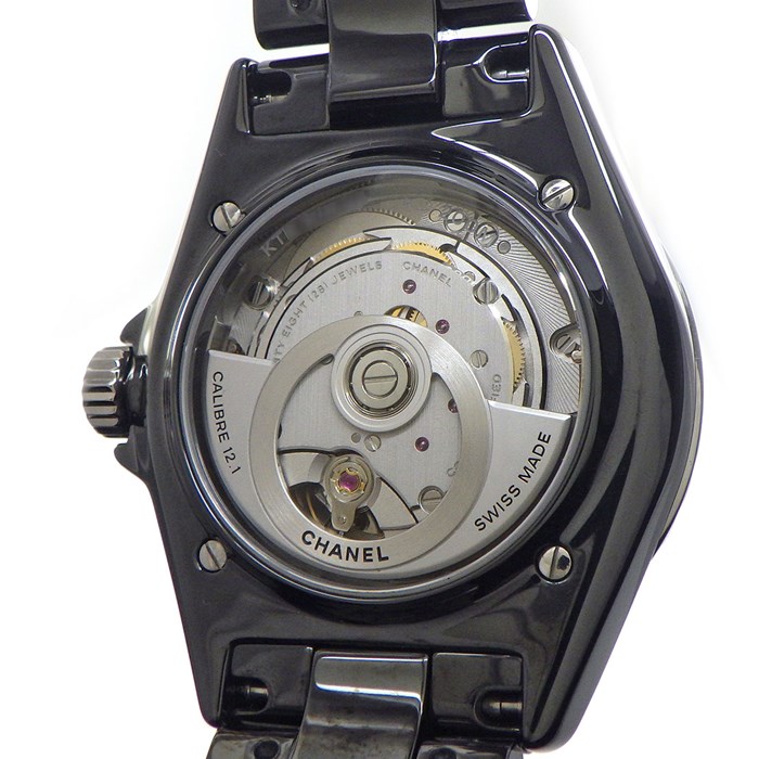 シャネル CHANEL 腕時計 J12 キャリバー12.1 H5702 デイト 回転ベゼル 12ポイント ダイヤモンド インデックス 0.09ct ブラックラッカー文字盤 SS ブラック セラミック 黒 自動巻き 【箱・保付き】 【中古】