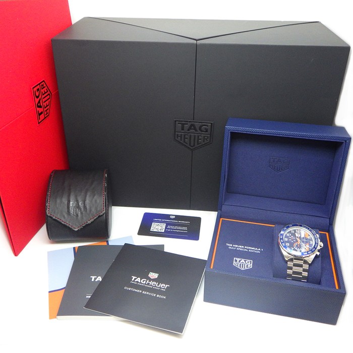 タグ・ホイヤー TAG Heuer 腕時計 フォーミュラ1 クロノグラフ ガルフ スペシャルエディション CAZ101AT.BA0842 デイト クロノグラフ 夜光インデックス 夜光針 サンレイ ブルー文字盤 SS クオーツアナログ 【箱・保付き】 【中古】