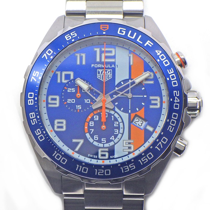 タグ・ホイヤー TAG Heuer 腕時計 フォーミュラ1 クロノグラフ ガルフ スペシャルエディション CAZ101AT.BA0842 デイト クロノグラフ 夜光インデックス 夜光針 サンレイ ブルー文字盤 SS クオーツアナログ 【箱・保付き】 【中古】