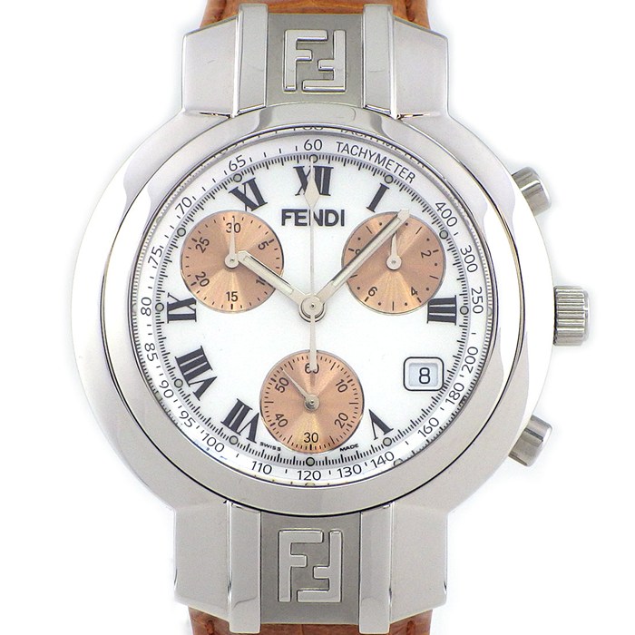 フェンディ FENDI 腕時計 オロロジ 4500G ホワイト文字盤 デイト クロノグラフ タキメーター スモールセコンド レザーベルト SS クオーツアナログ 【箱・保付き】 【中古】