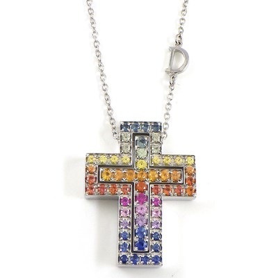 ダミアーニ DAMIANI ネックレス ベル エポック 20091750 レインボー クロス パヴェ マルチカラー サファイア ダイヤモンド K18WG 【中古】