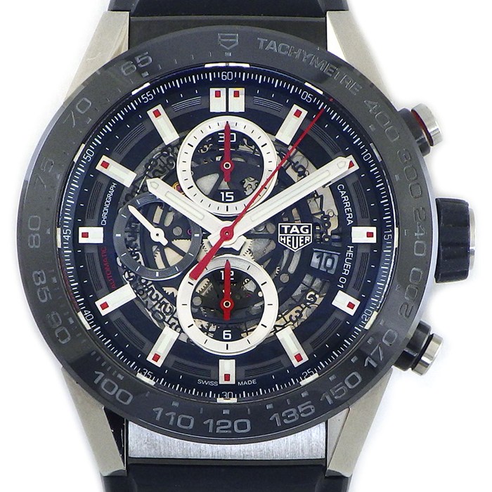 タグ・ホイヤー TAG Heuer 腕時計 カレラキャリバーホイヤー01 CAR2A1ZFT6044 ブラック スケルトン文字盤 デイト クロノグラフ 夜光針 夜光インデックス スモールセコンド 裏スケ ブラック ラバーベルト SS 自動巻き 【箱・保付き】 【中古】