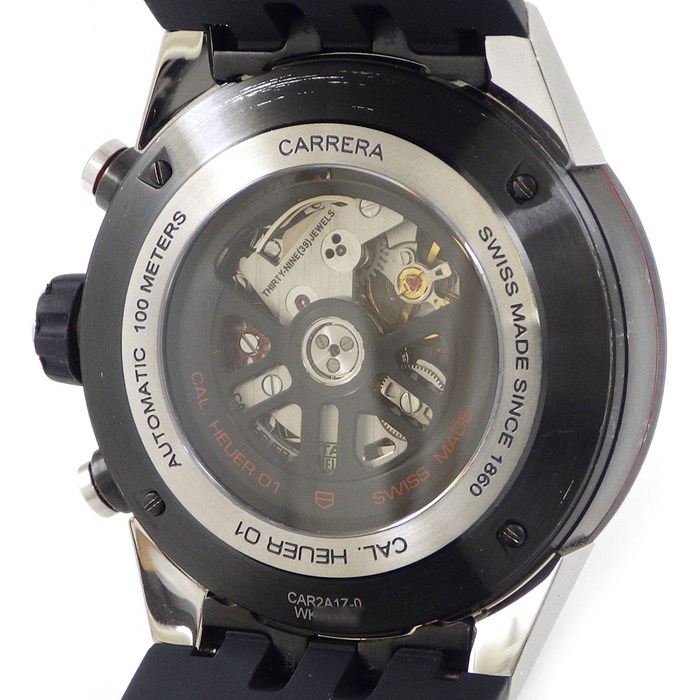 タグ・ホイヤー TAG Heuer 腕時計 カレラキャリバーホイヤー01 CAR2A1ZFT6044 ブラック スケルトン文字盤 デイト クロノグラフ 夜光針 夜光インデックス スモールセコンド 裏スケ ブラック ラバーベルト SS 自動巻き 【箱・保付き】 【中古】