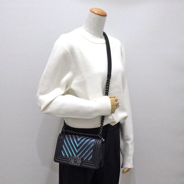 シャネル CHANEL ショルダーバッグ ハンドバッグ ボーイシャネル 20 A67085 2018年製 (24番台) ブラック / グリーン / パープル ラムスキン (羊革) ブラック金具 【中古】