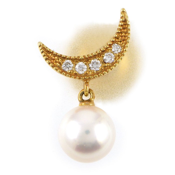 ミキモト MIKIMOTO ピンブローチ ムーン 月モチーフ パール 6.9mm珠 ダイヤモンド K18YG 【中古】