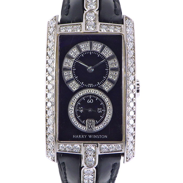 ★最終お値引き品★ 【ハリーウィンストン HARRY WINSTON】腕時計 アヴェニューC ミッドサイズ 330/UMW 全面ダイヤ ベゼル/ラグ/尾錠 ダイヤ/ブラック文字盤 裏スケ K18WG ブラック 黒 クロコダイルレザーベルト 手巻き 